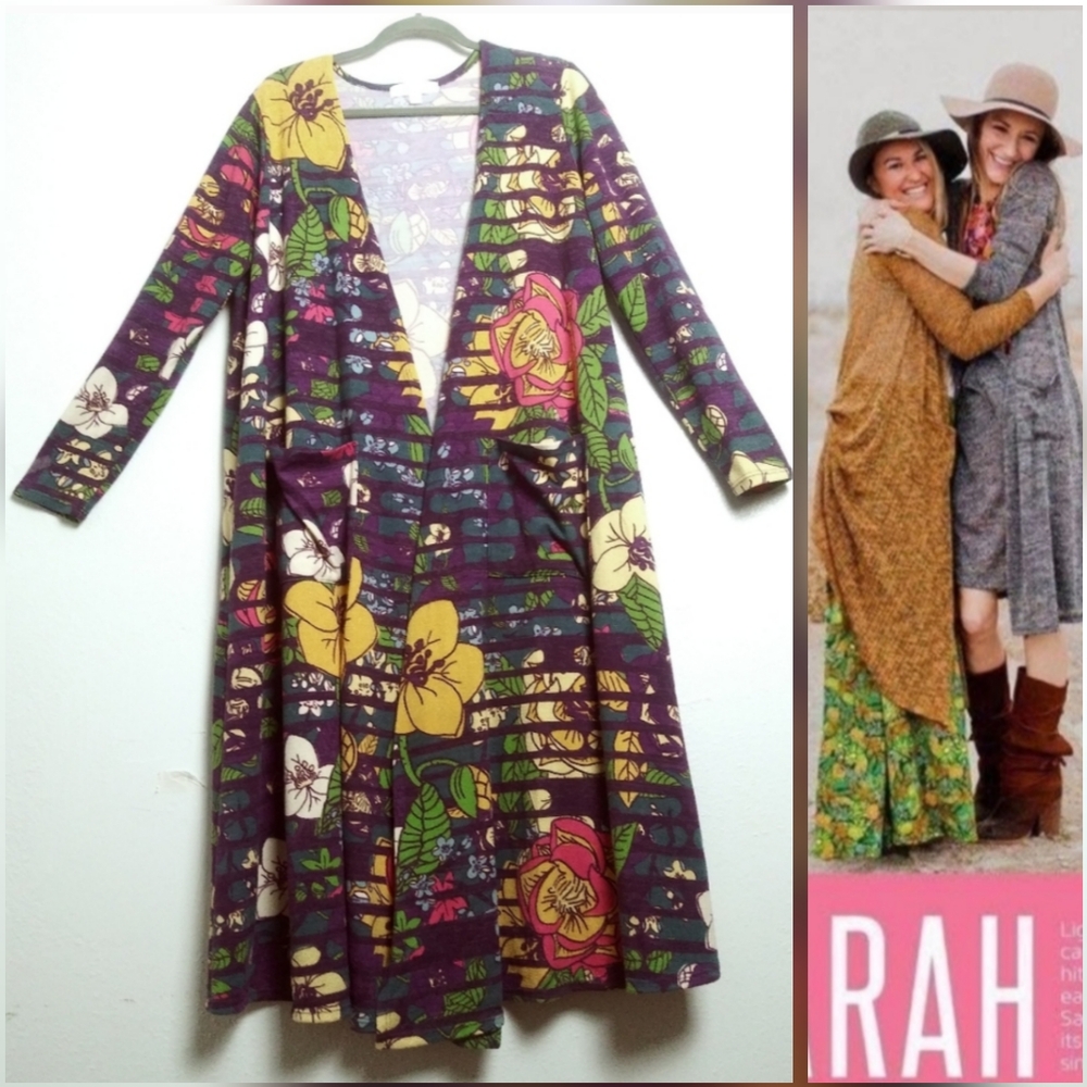 LuLaRoe Sara Sizing L 14-16 Yellow and Purple Duster Cardigan Long Floral